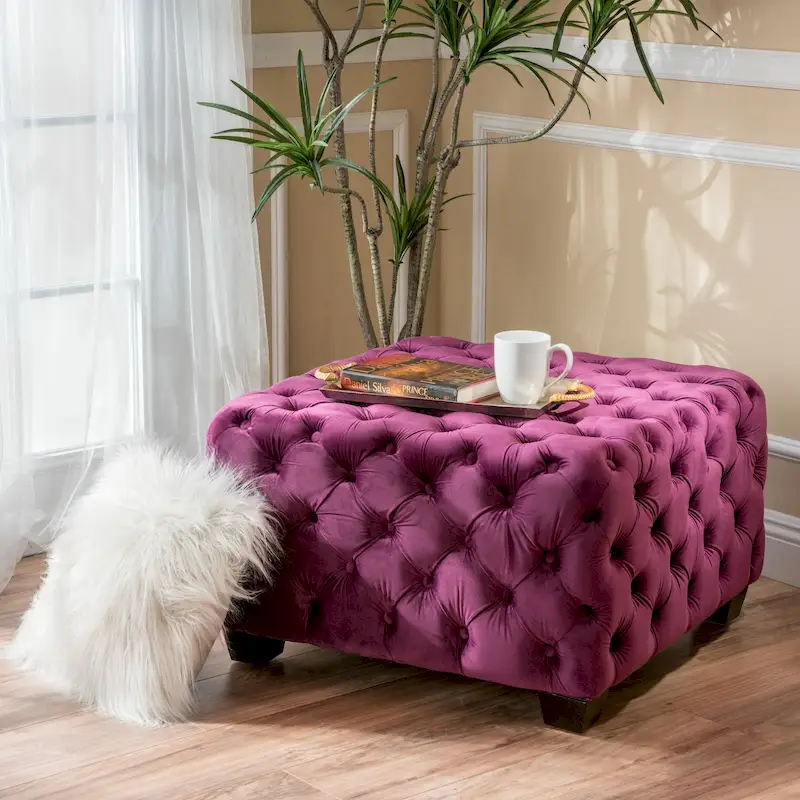 Jaymee Modern Glam Button Tufted Velvet Ottoman