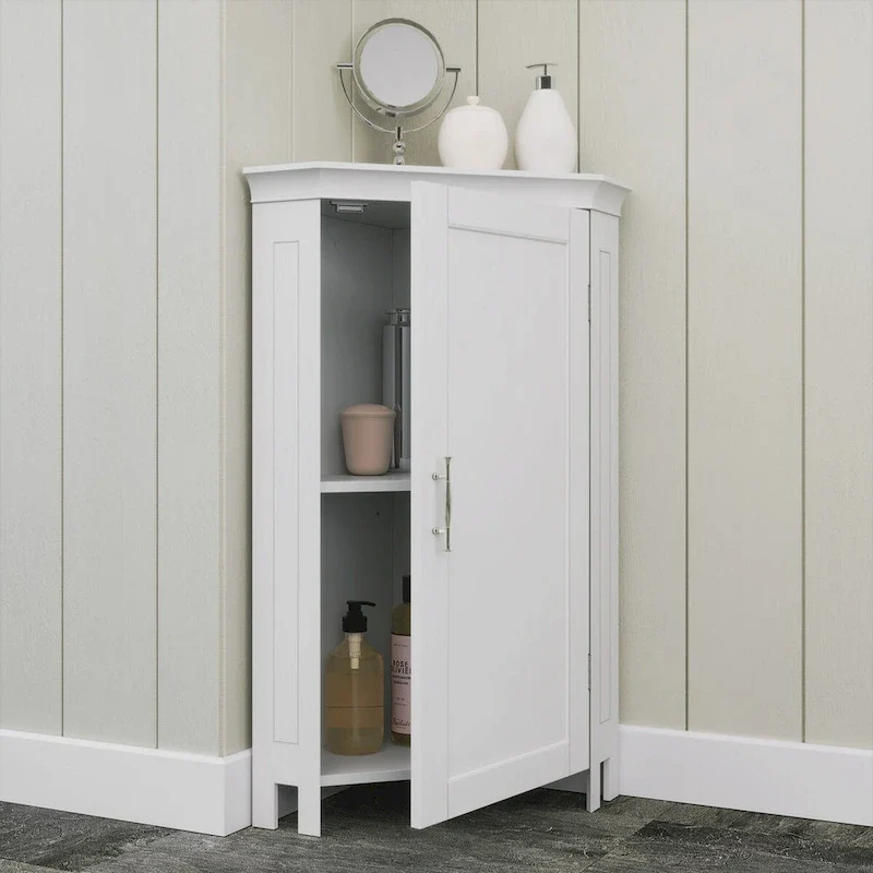 Corner Floor Bathroom Storage Cabinet with Doors and Adjustable Shelf - White