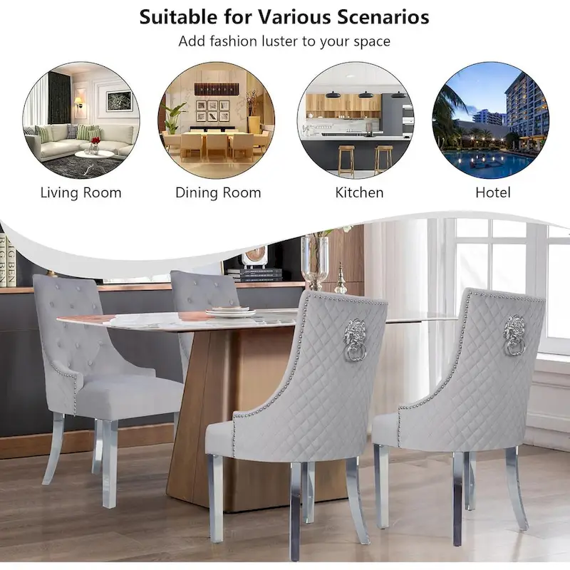 Velvet Dining Chairs Set of 2, Upholstered Tufted Nailhead Dining Room Chairs with Stainless Steel Legs & Lion Head Pull Ring