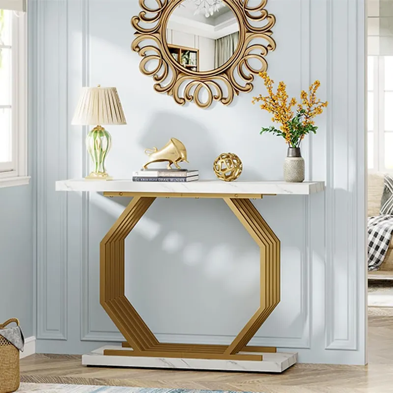 39.37  Gold Console Table, Modern White Marble Sofa Table with Geometric Metal Base