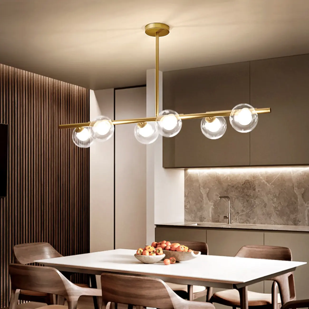 Gold Linear Island Light with 6 Lights Transparent Glass Globe Shades