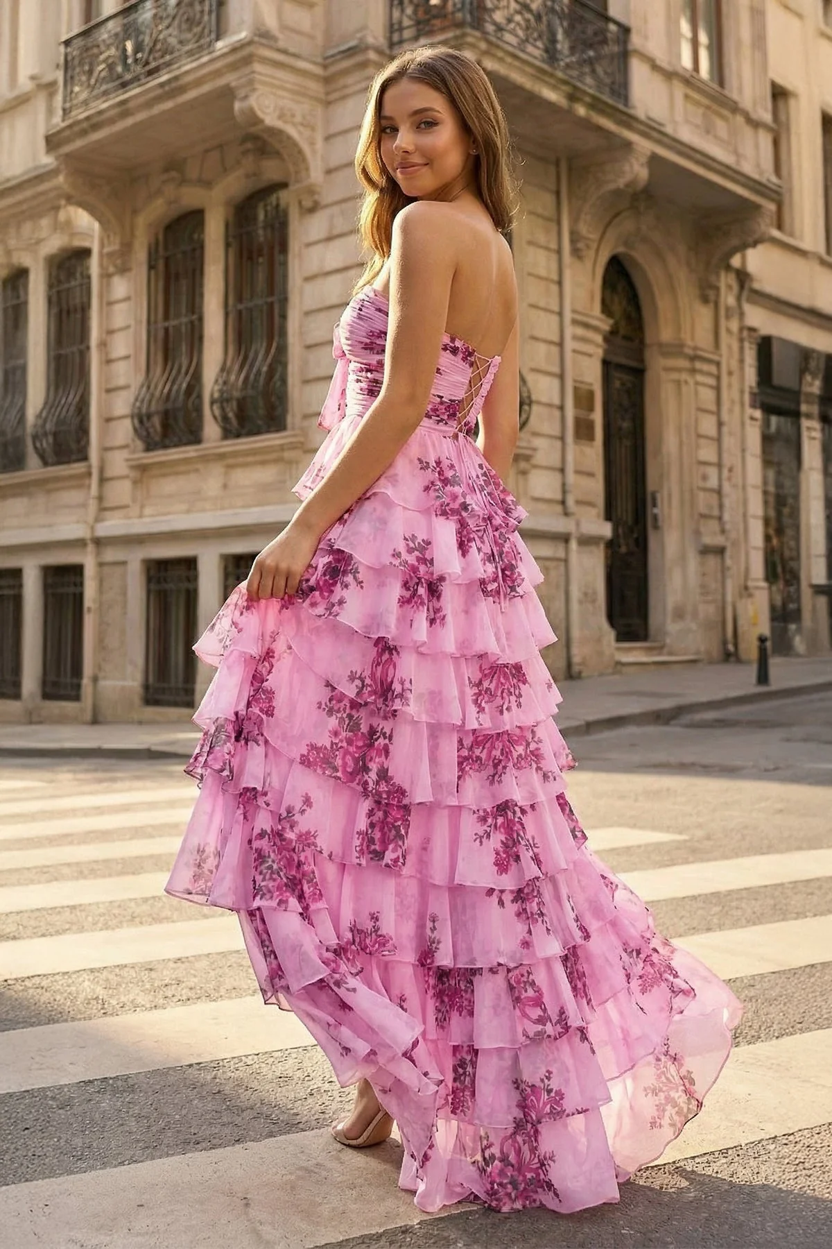 Hot Pink A Line Strapless Floral Chiffon Ruffled Long Prom Dresses With Slit