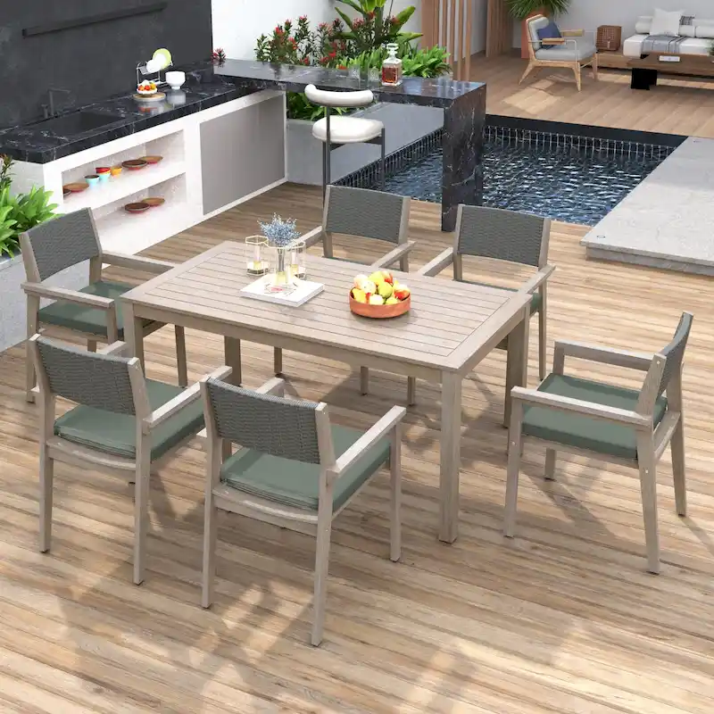 Acacia Wood Outdoor Dining Set for 7 with 6 Rattan Backrest Chair and Removable Cushions for Patio and Backyard 7 Pack