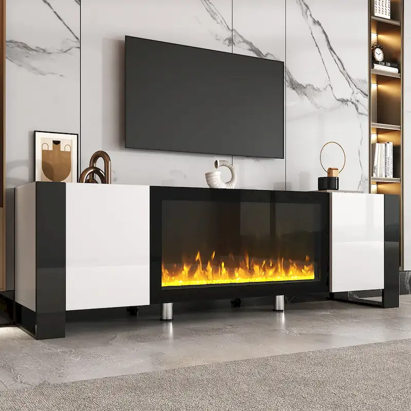 Black / White 68 in TV Stand with Electric Fireplace and 2 Storage Cabinets
