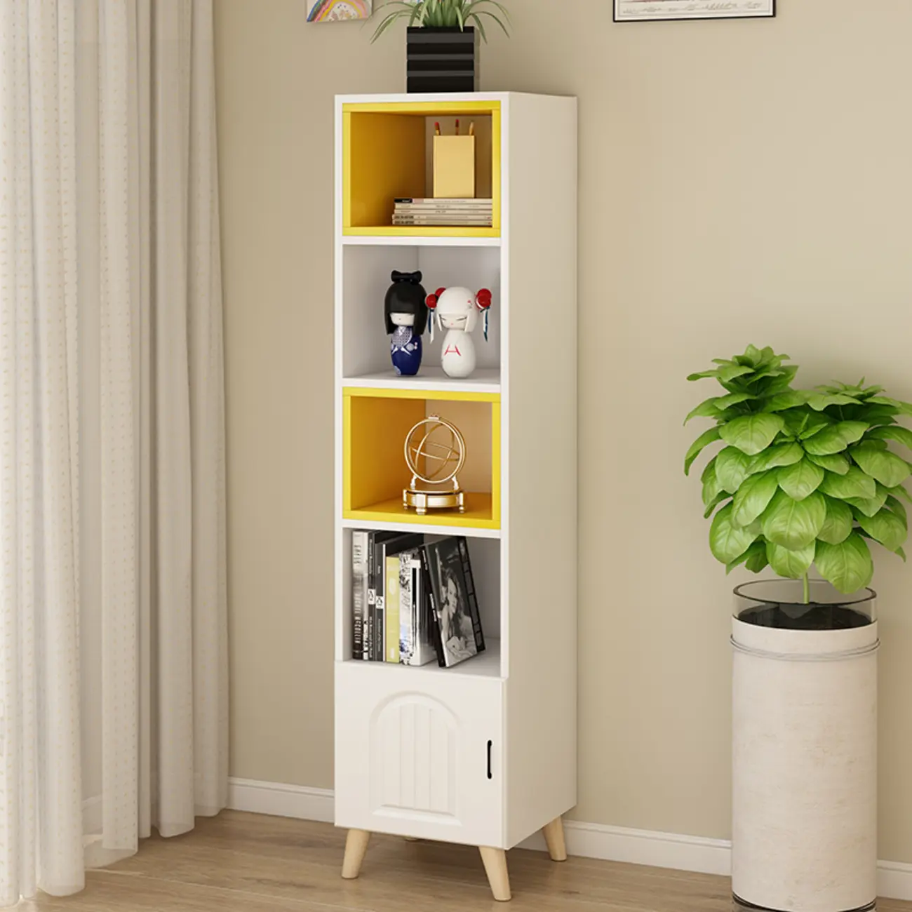 Wood 3-Tier White and Yellow Cube Bookcase with Cabinet