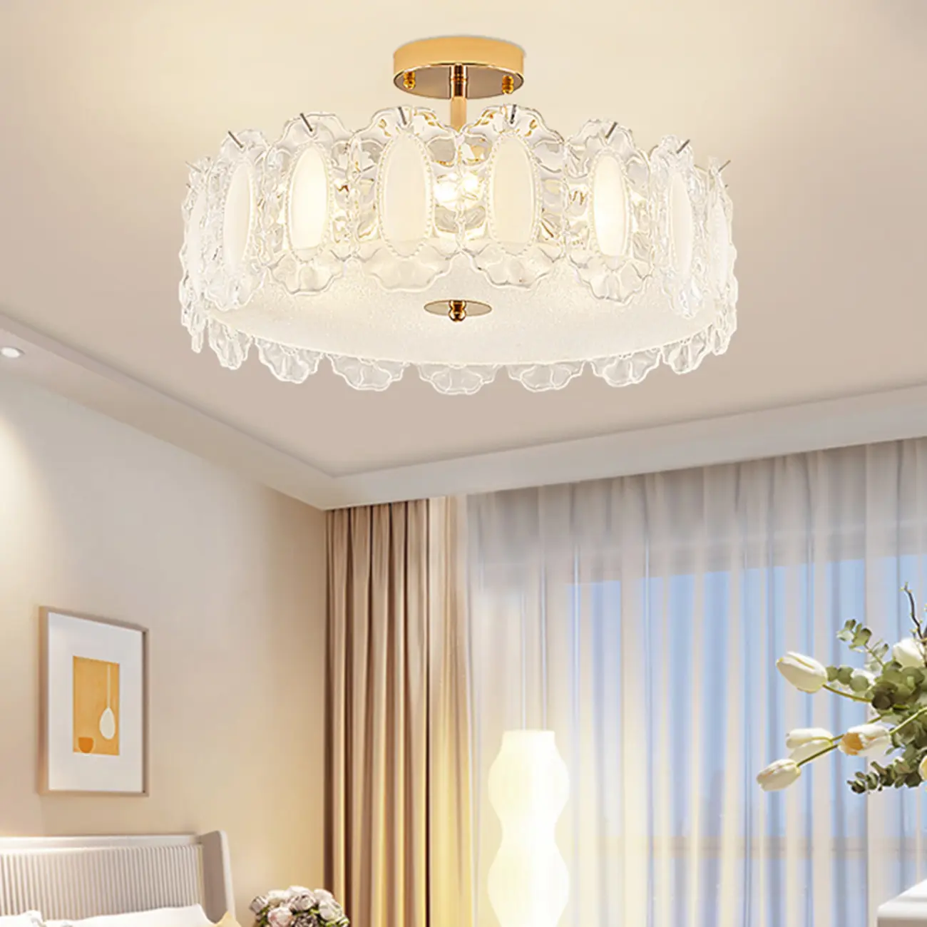 Modern Elegant Feather Glass Semi Flush Ceiling Light
