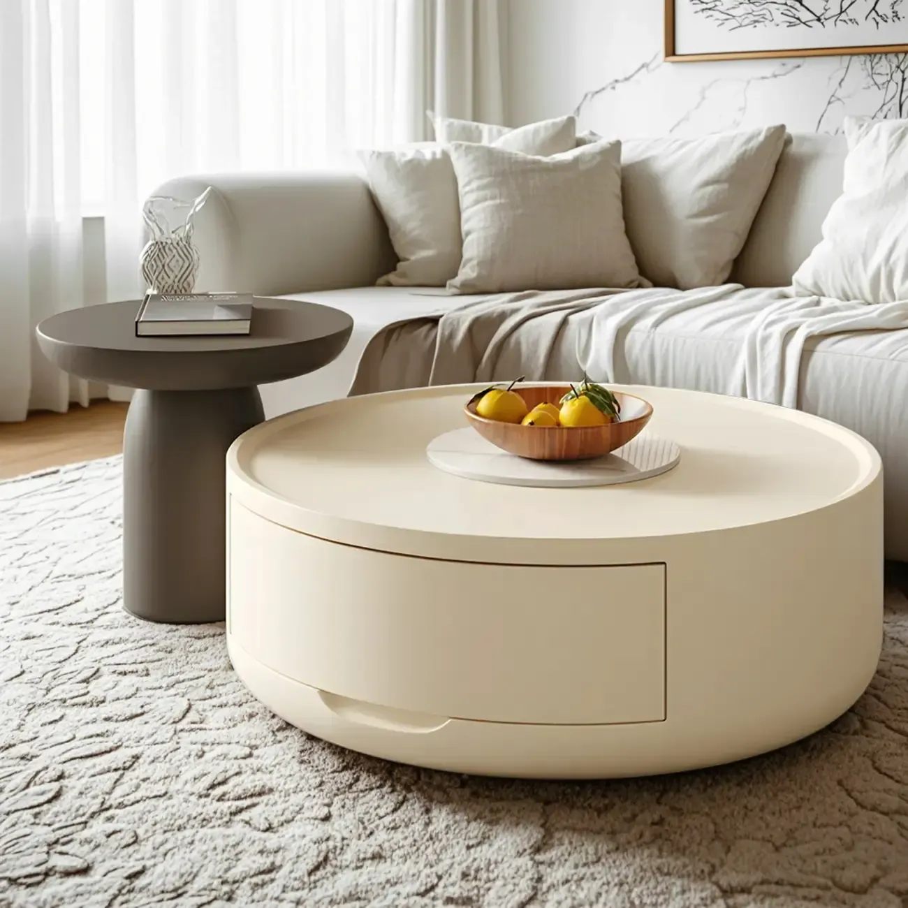 White Sleek Round Wood Drawer Coffee Table