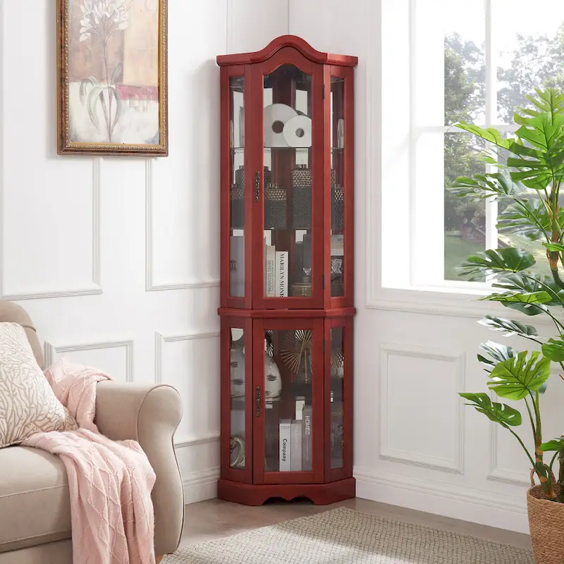 Lighted Corner Curio Cabinet with Tempered Glass Doors & Shelves - Elegant Cherry Display Case with Bulb