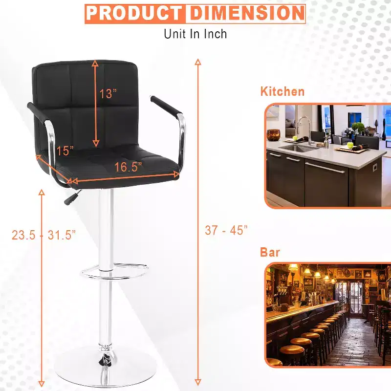 FDW Bar Stools Set of 2 Adjustable Height with Armrests PU Leather Seat & Chrome Base Bar Chairs Pub Stools for Home and Commercial Use