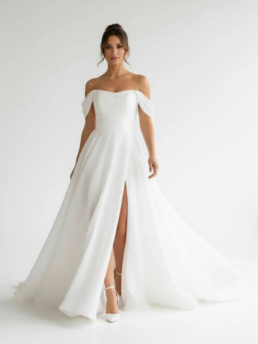 Elegant White Off-the-Shoulder Long Wedding Dress with Slit