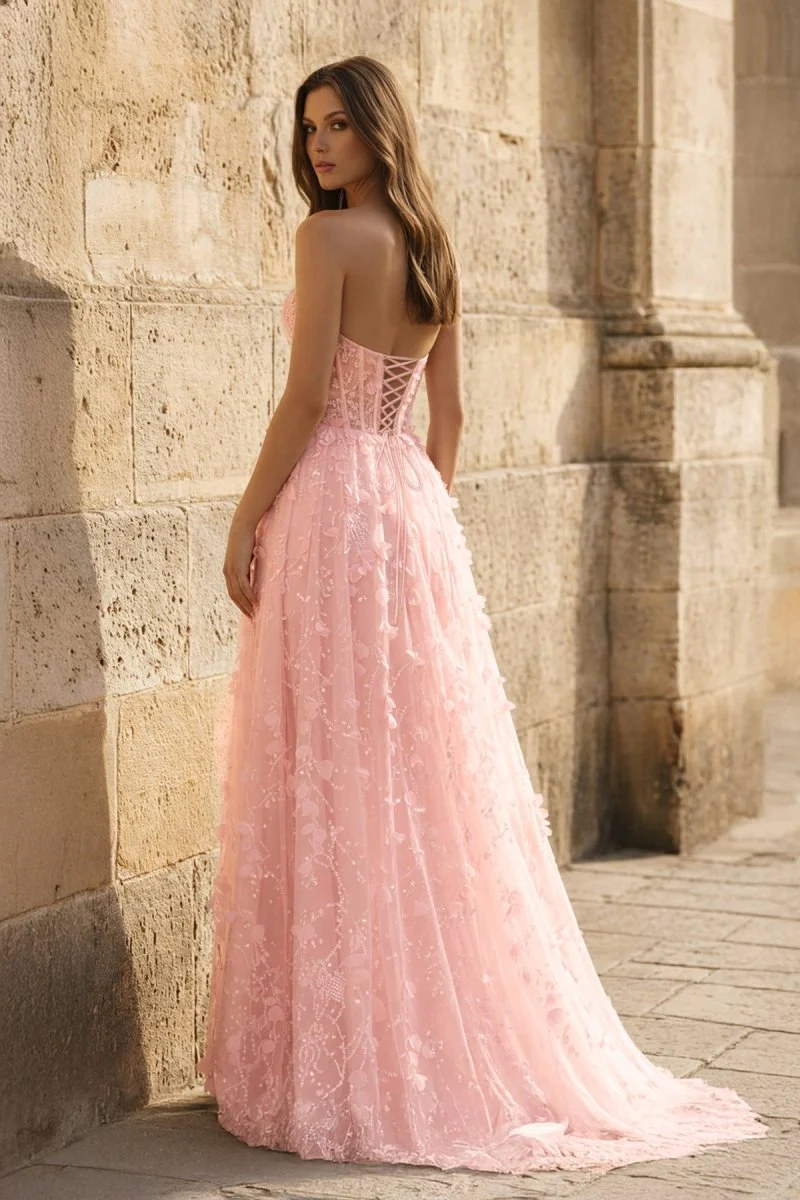 Pink Strapless 3D Floral High Slit Mermaid Long Prom Dress