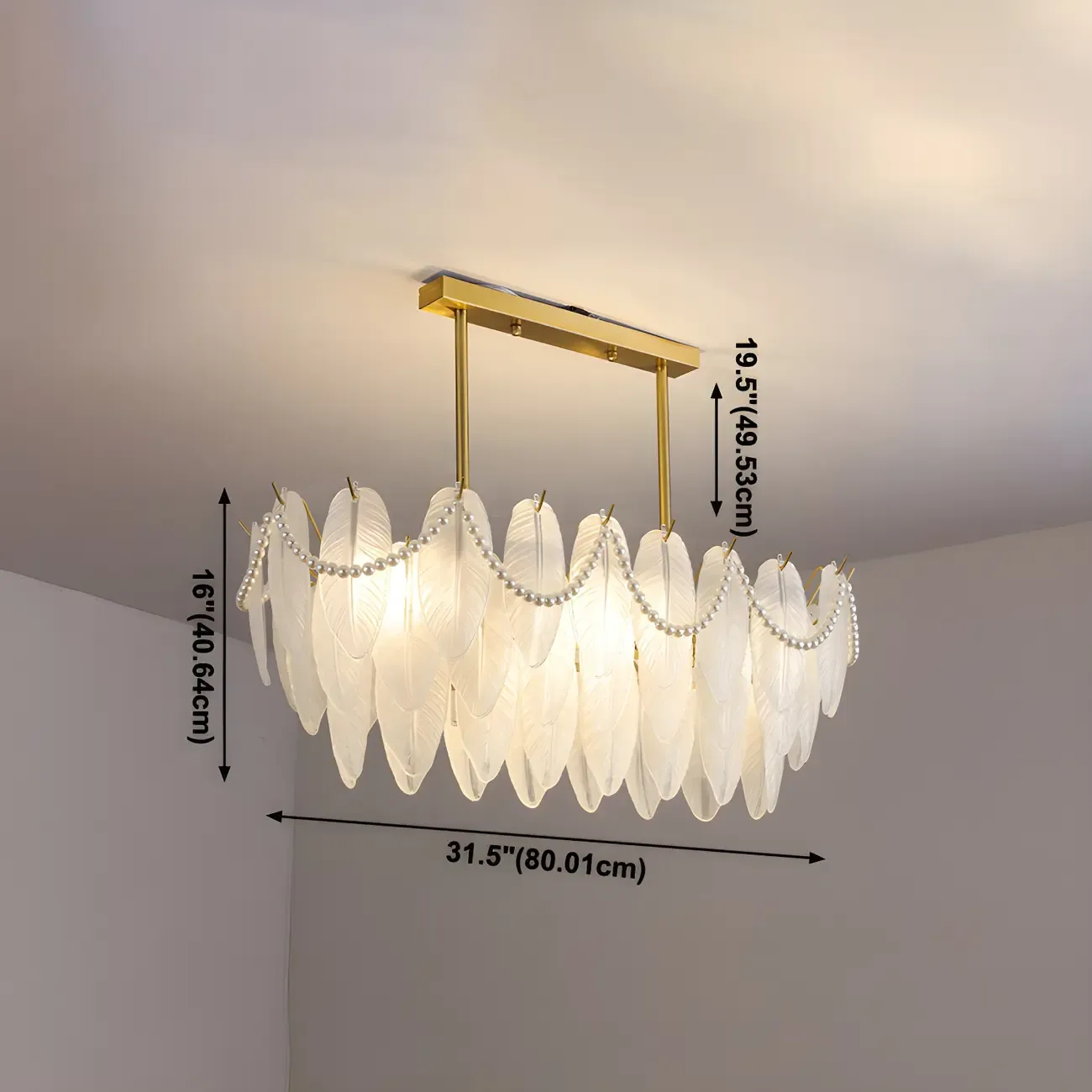 Adjustable Modern Glass Feather Island Chandelier in Gold