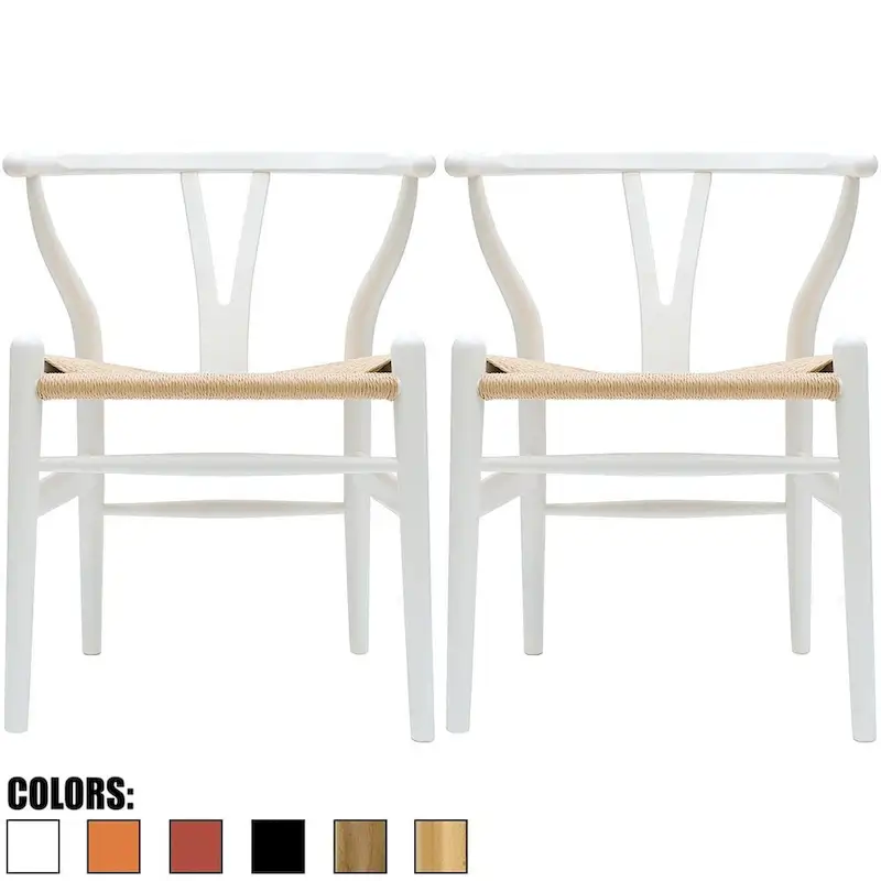 Set of 2 Modern Wood Dining Chair With Y Back Arm Armchair Hemp Seat For Home Restaurant Office