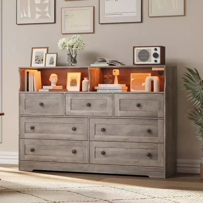 7 Drawer Dresser for Bedroom with LED Lights, Wooden Chest of Drawers with 2 Open Compartments and Charging Station for Closet, Entryway