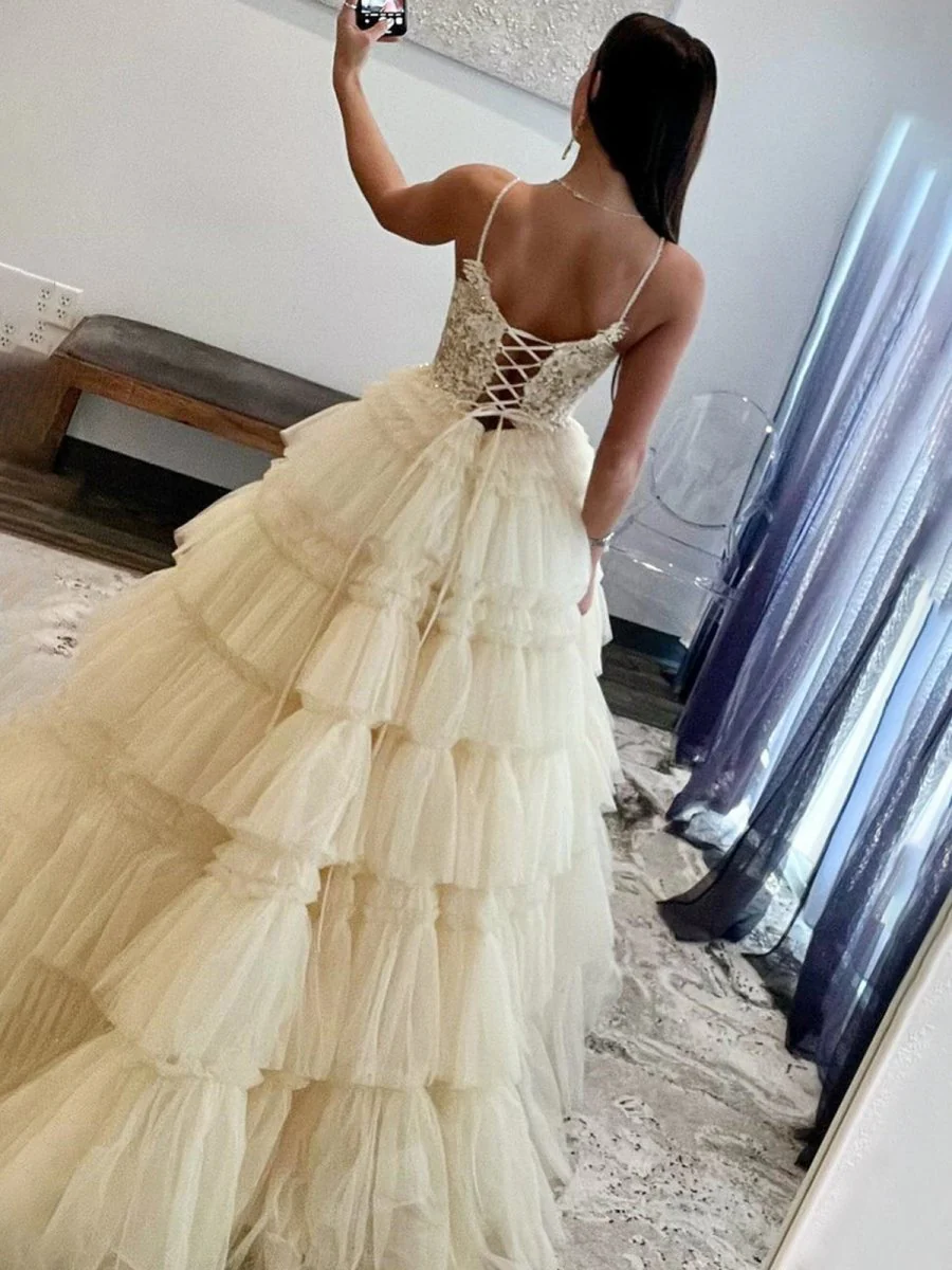 Black Beaded Spaghetti Strap Ruffle Tiered Ball Gown