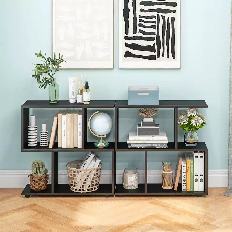 Costway 2 PCS 2-Tier Bookshelf Free Standing Wooden Display S-Shaped Shelf Storage Rack Black/Brown