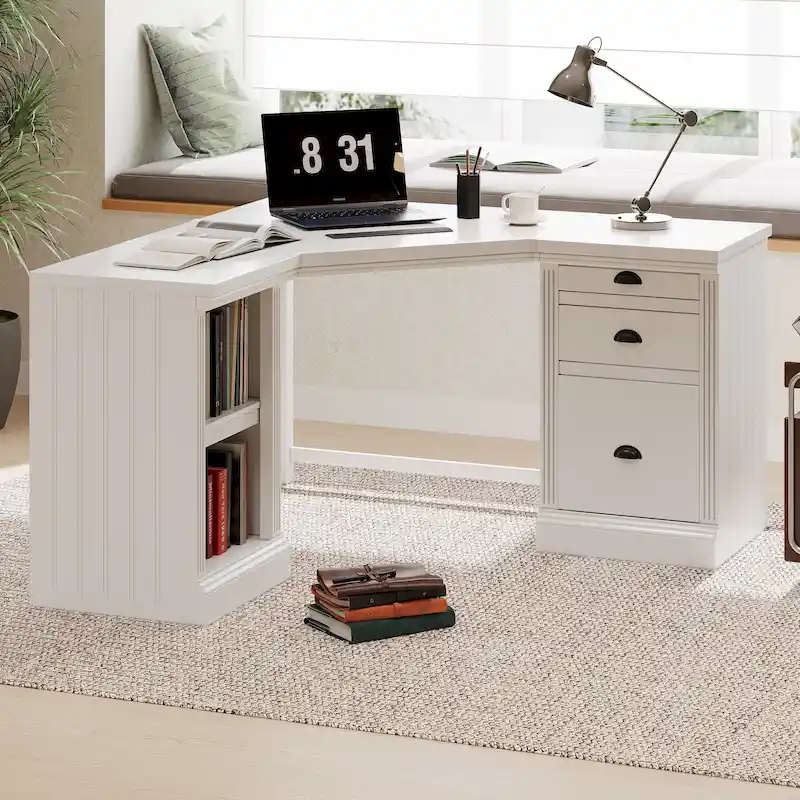 White L-Shaped Executive Desk with 3 Drawers & 2 Open Shelves – Single