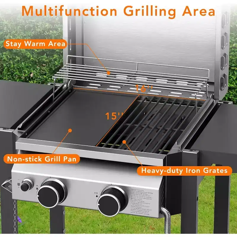 ZAFRO 2-Burner Propane Gas BBQ Grill, 16000 BTU Stainless Steel Barbecue with Folding Side Tables Portable Outdoor Grill for Patio, Backyard, Camping
