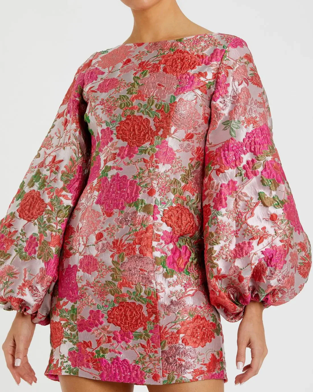 Pink Floral Brocade Balloon Sleeve Mini Dress