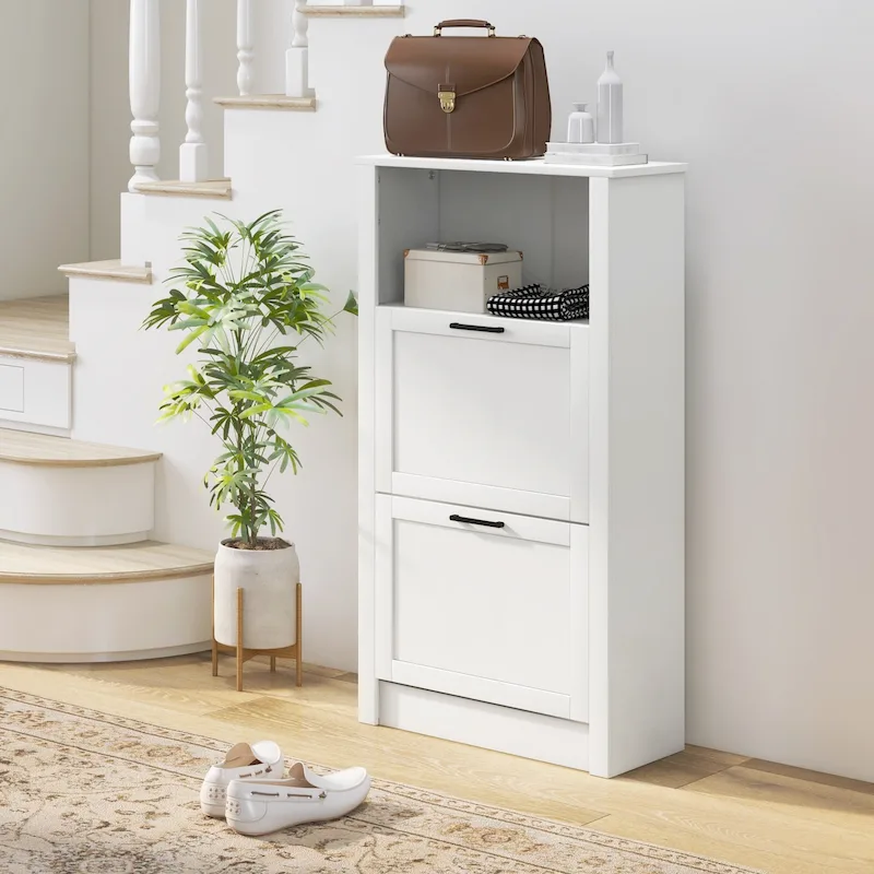 Freestanding Shoe Storage Cabinet Organizer with 2 Flip Drawers and Adjustable Shelves
