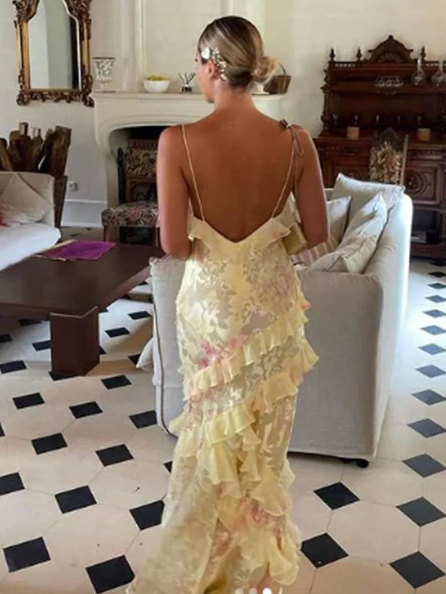 Yellow Spaghetti Straps Mermaid Long Prom Dress with Ruffles