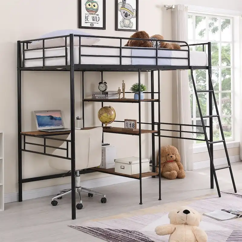 Merax Twin Size Metal Loft Bed with Built-in Desk and Shelves