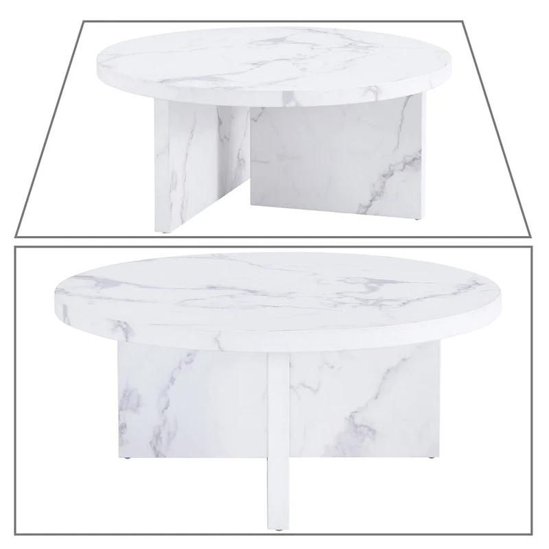 Modern Stylish Wooden Round Coffee Table with Imitation Marble Veneer Surface