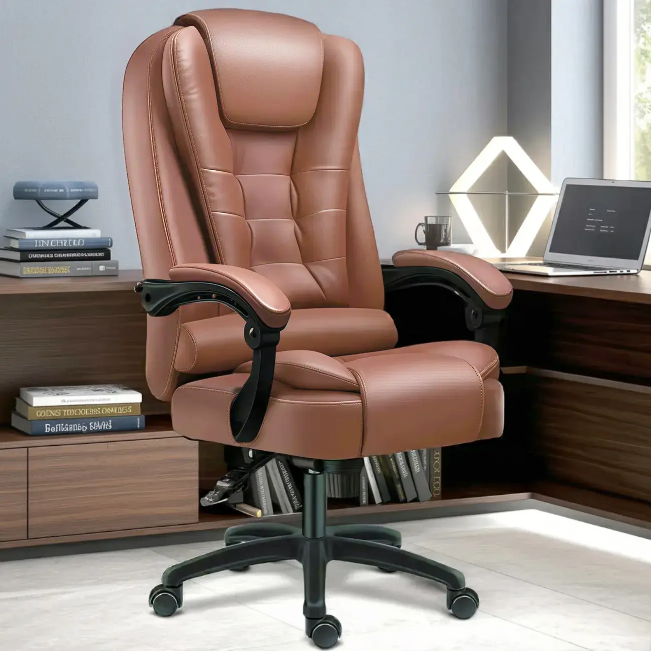 Ergonomic Black Leather Swivel Office Chair with Footrest