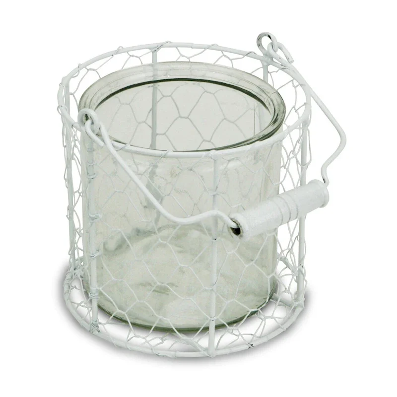 HomeRoots 5.25 White and Clear Wire Basket and Glass Jar - 5.25  H x 5.5  W x 5.5  D