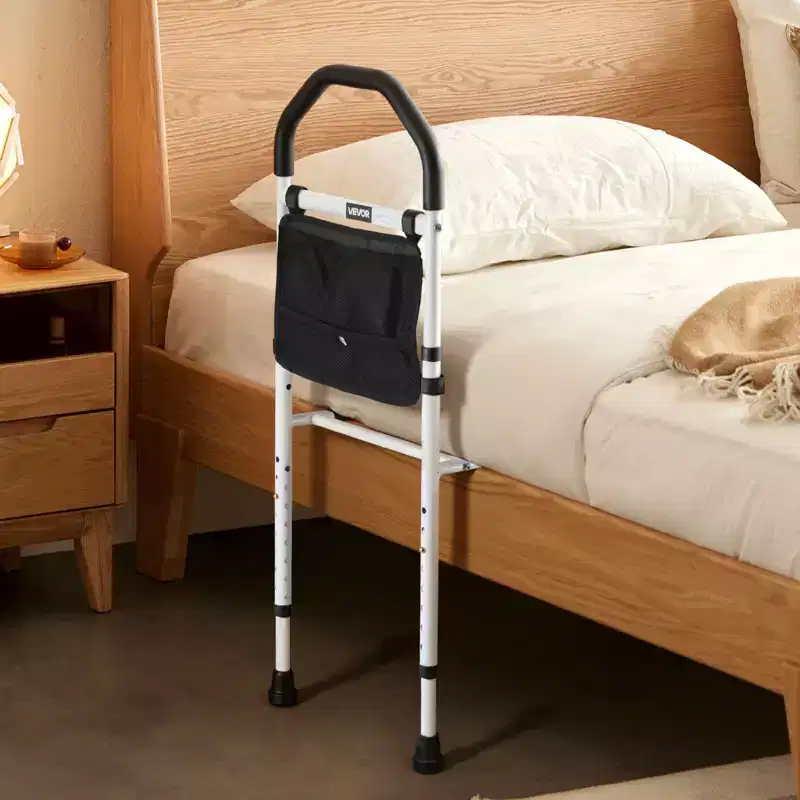 VEVOR Bed Rail for Elderly, Bedside Assist Rails with Supporting Leg and PU Handrail, Adjustable Height Carbon Steel Pipe Bedside Cane, Black+White