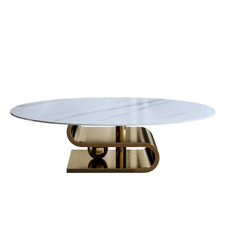 White & Gold / Silver Modern Oval Sintered Stone Coffee Table, 1-Seat Living Room