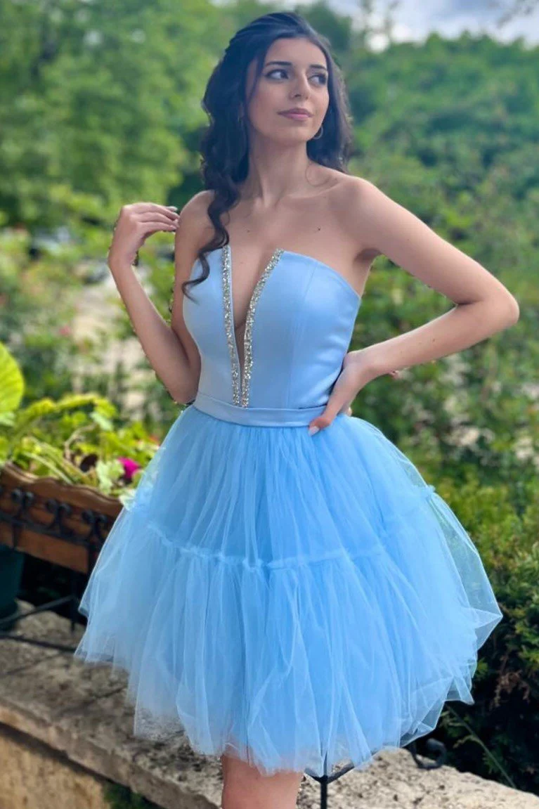 Sky Blue Strapless Lace-Up A-Line Homecoming Dress