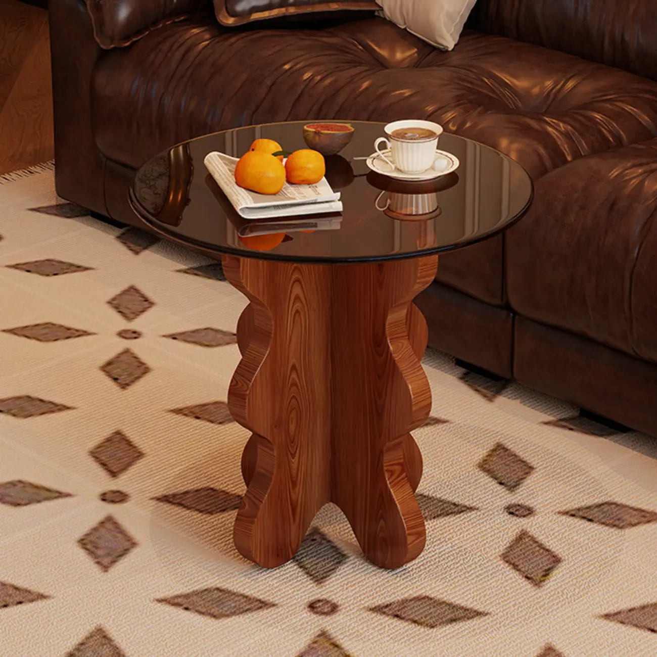 Mid-Century Modern Glass Top Walnut Pedestal Side Table