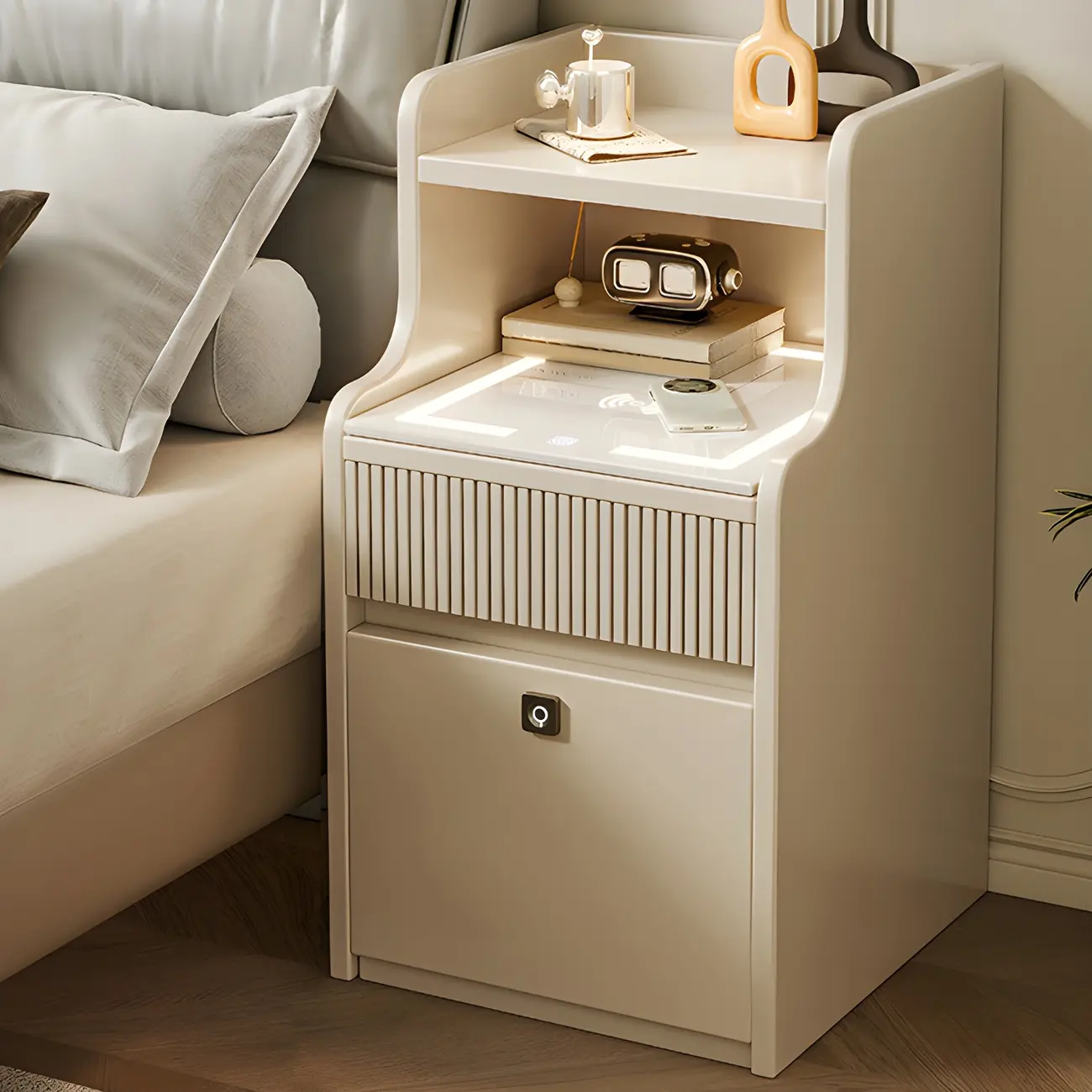 Smart Versatile White Wood Nightstand with Fingerprint Lock