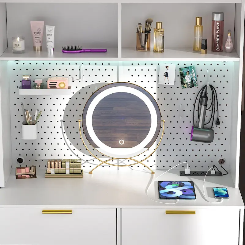 Makeup Vanity with Pegboard and Hutch, Bedroom Vanity Table with Charge Station and LED Light - N/A