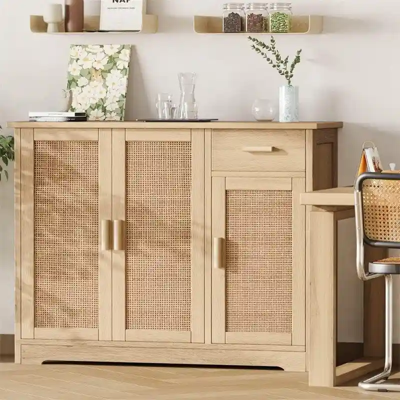 Rattan Door Storage Cabinet with Drawer - 35.4W x 11.8D x 31.5H
