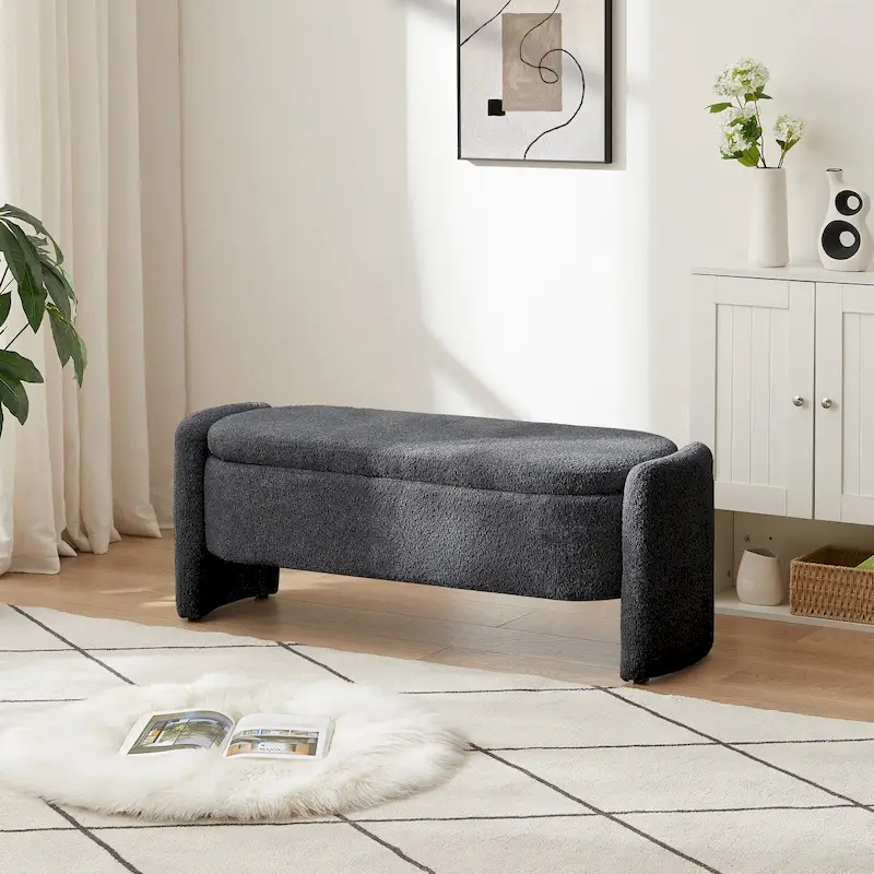 Ottoman Oval Storage Bench 3D Lamb Fleece Fabric Bench with Large Storage Space for the Living Room, Entryway and Bedroom
