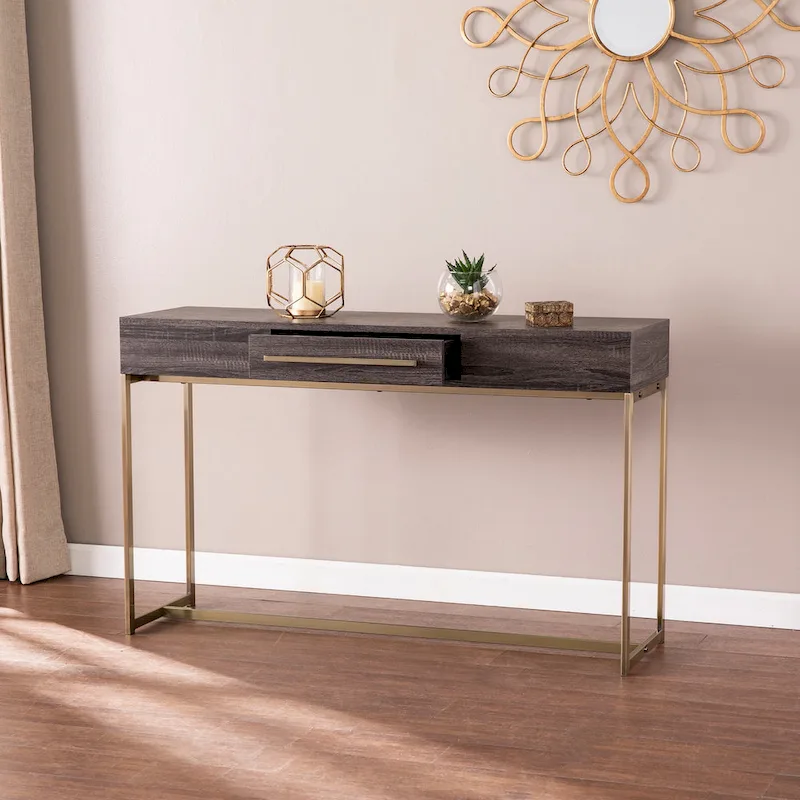 Transitional Wood Console Table with Storage – Black Oak/Antique Brass, MDF, 47.75x15x29.5 in