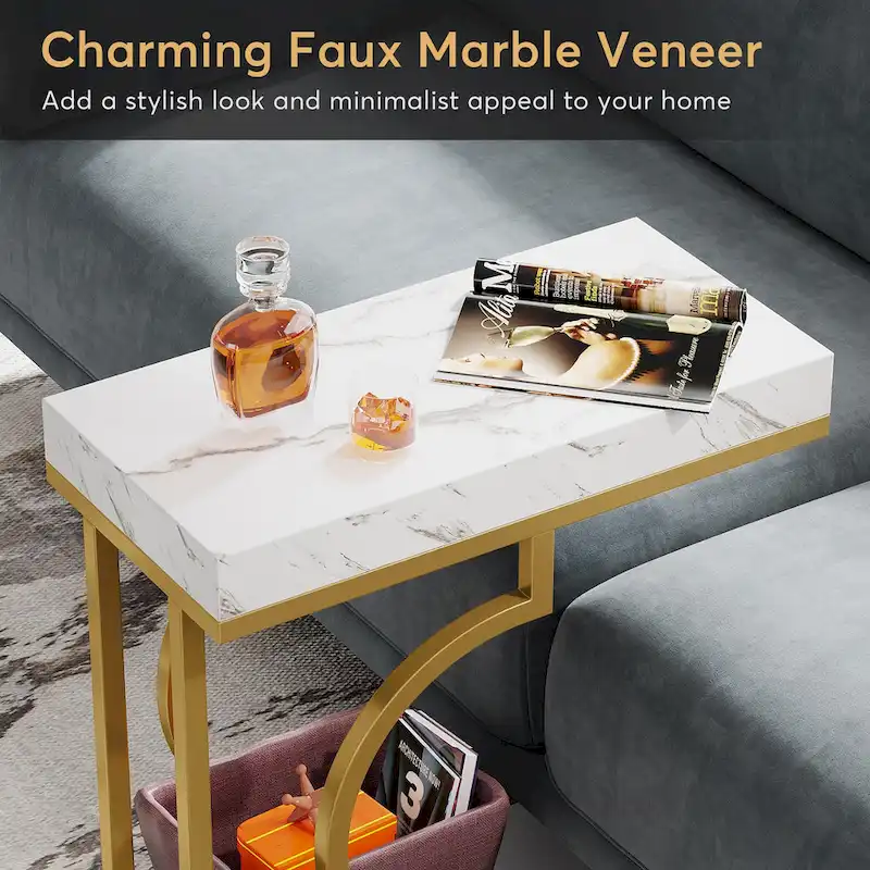 Narrow Side Table White Gold Side Table C Shaped End Table Modern Bedside Table