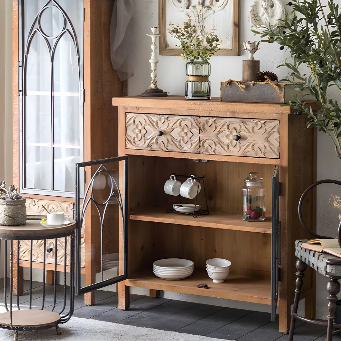 Classic 2-Drawer Brown Medium Wood Glass China Cabinet