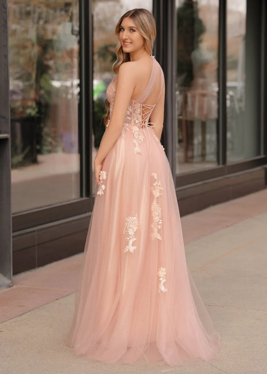 A Line One Shoulder Black Long Prom Dress with Appliques