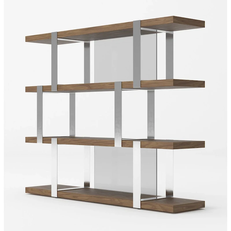 Brewer Modern Walnut Glass & Stainless Steel Bookshelf