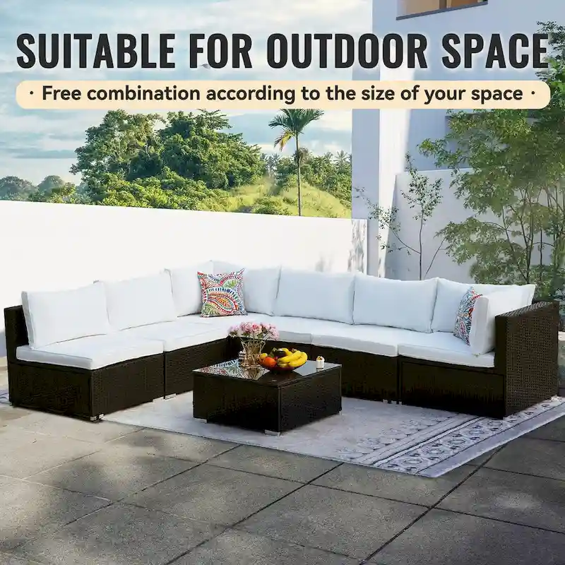7-Piece Wicker Patio Conversation Set with Cushions and Glass Table