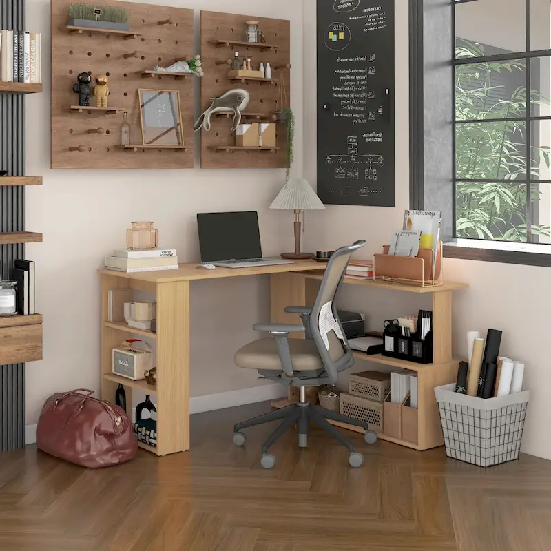 L-Shaped Computer Desk with Shelves - Brown Wood