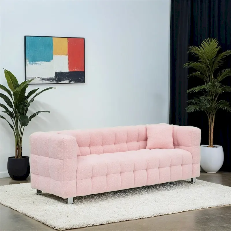 Teddy Fleece Sofa with Throw Pillows – Green / Grey / Beige / Pink, Curved Style, Seats 3