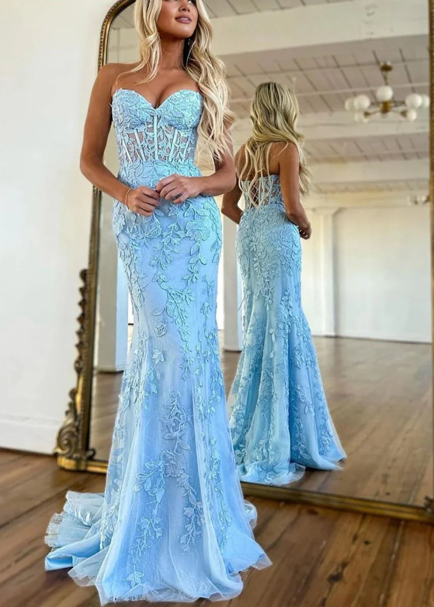 Mermaid Strapless Lace Prom Dress With Appliques