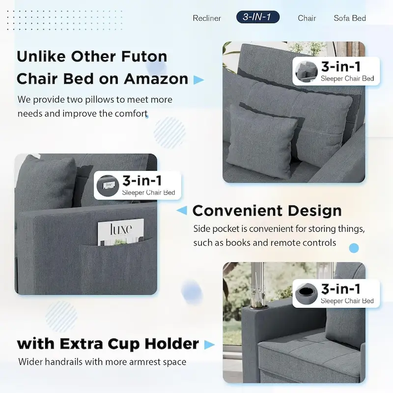 AECOJOY Adjustable Sleeper Chair Bed 3-in-1 Convertible Futon Sofa