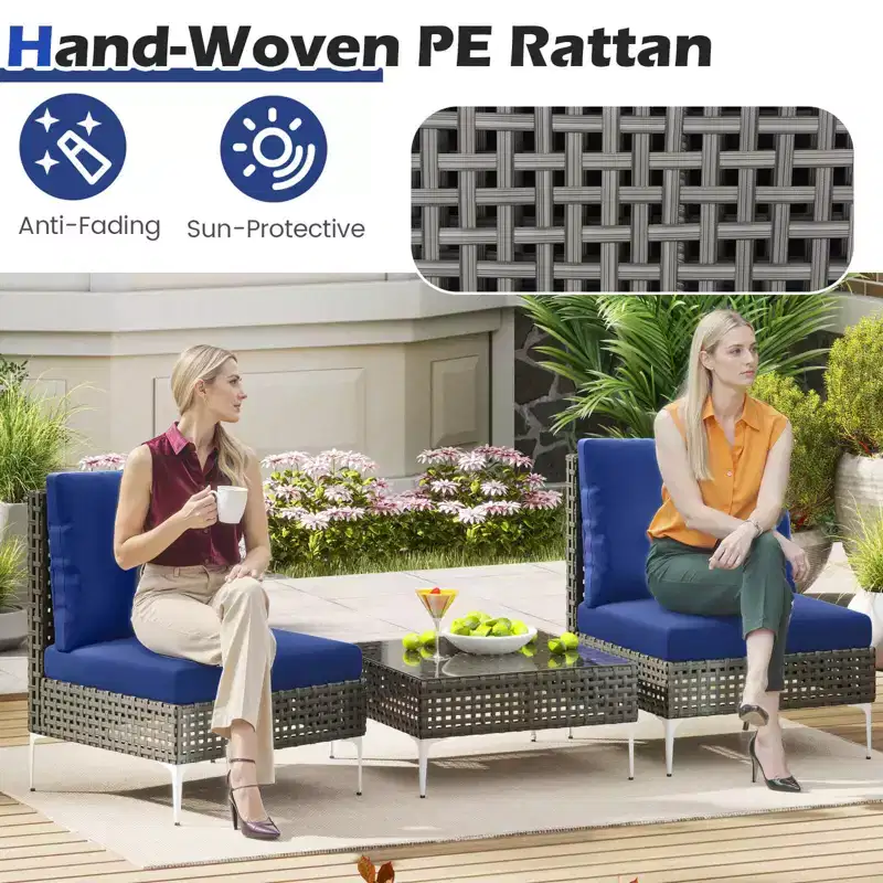 Costway 3 PCS Patio Furniture Set with Tempered Glass Coffee Table Soft Back & Seat Cushions Navy/White/Gray