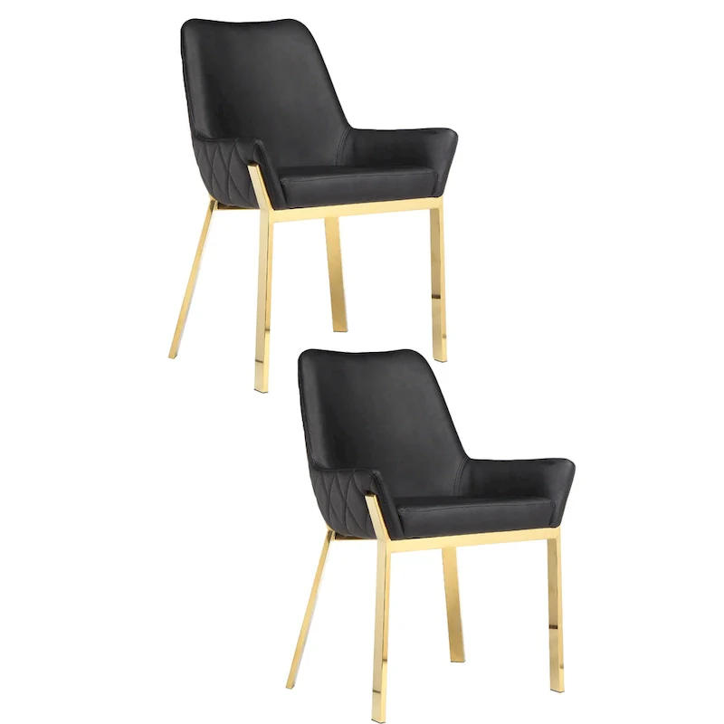 Black & Gold Tufted Faux Leather Dining Accent Chair, Set of 2