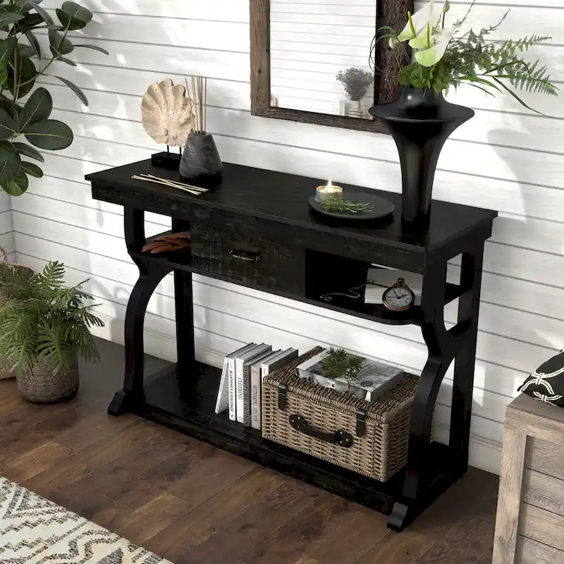 DH BASIC Farmhouse Black Oak 47-inch 3-Open Shelf Console Table by Denhour